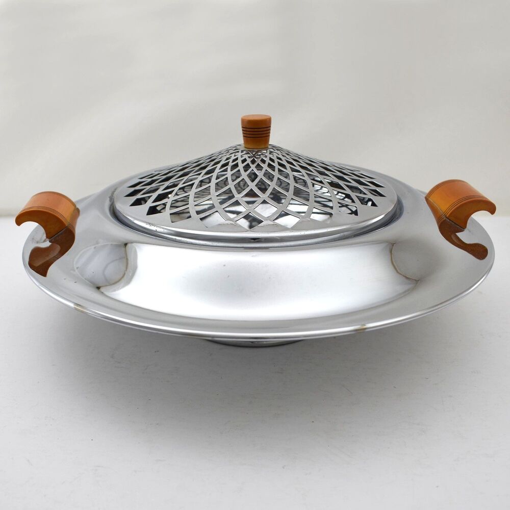 Vintage Art Deco MCM Aluminum Pedestal Covered Serving Dish Floral Pierced Lid